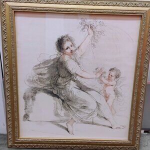 Painting female form interacting with female cherub